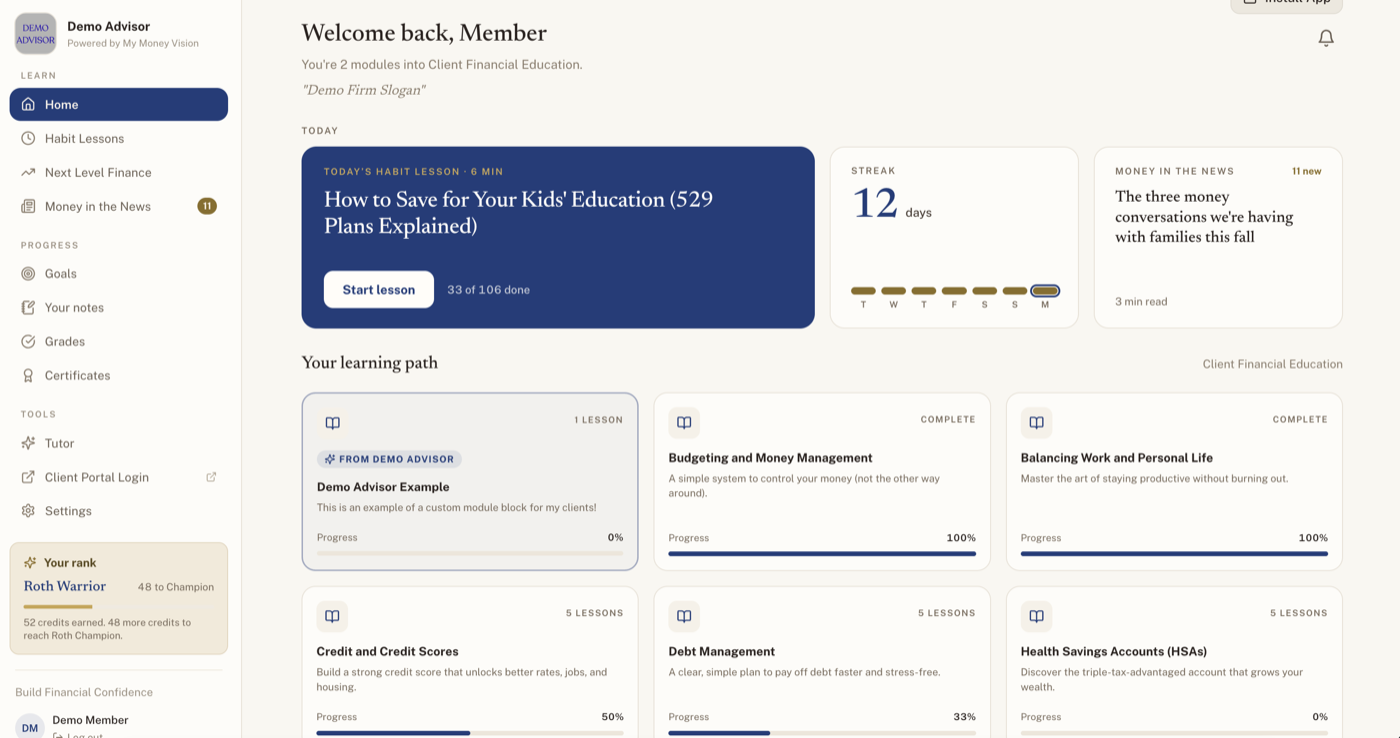 Branded member portal showing a sequenced learning path